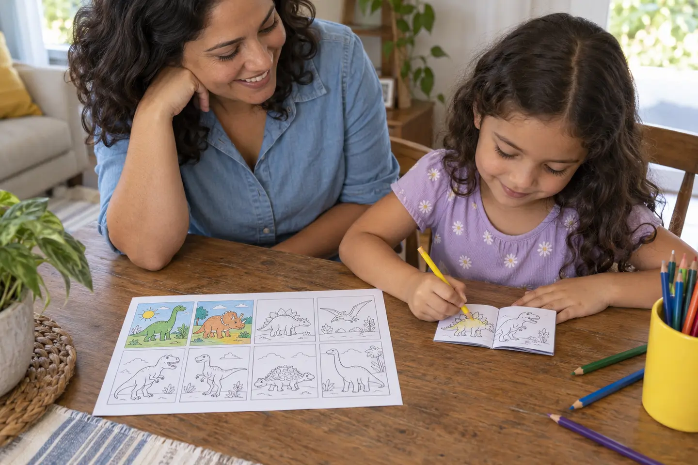 Mãe e filha colorindo um pequeno minilivro já montado, com uma folha A4 de molde ao lado