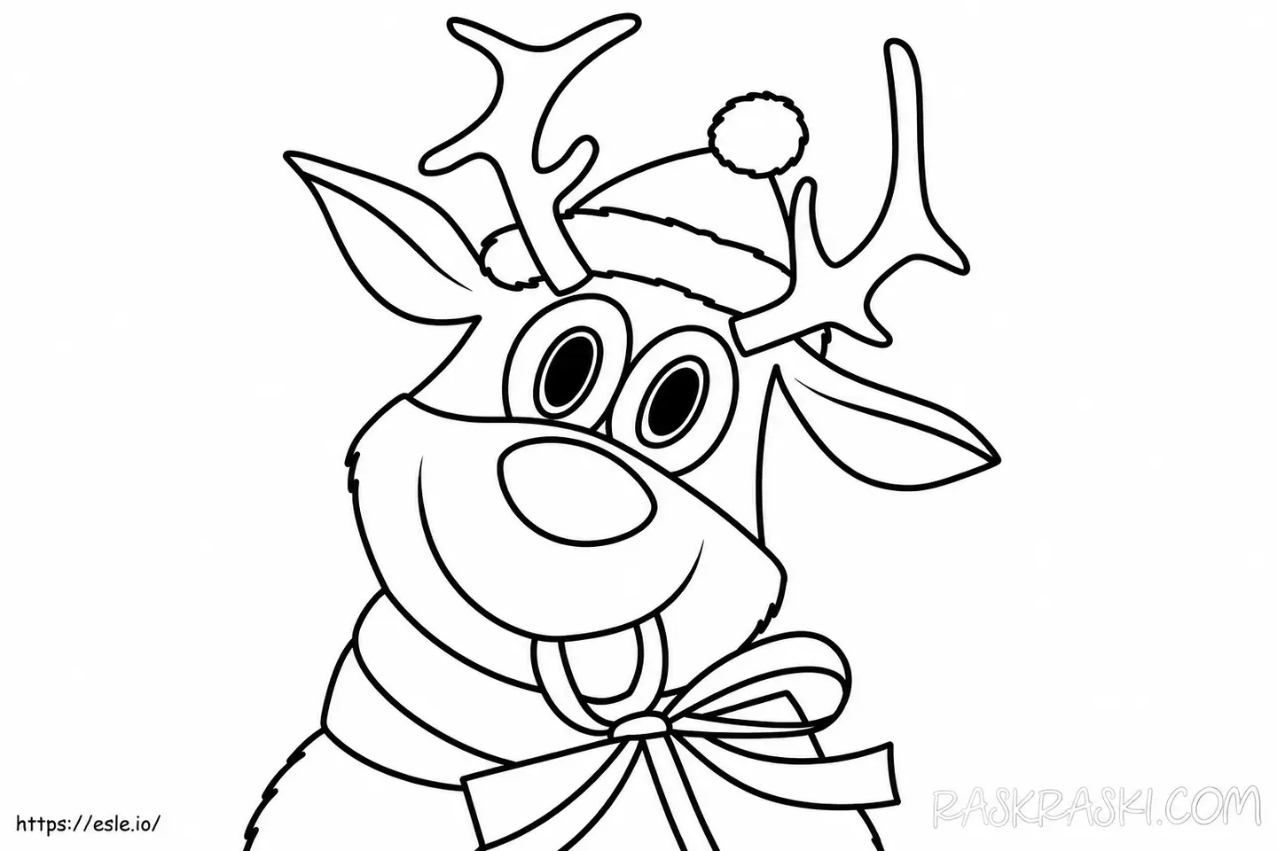 Rena com gorro de Natal em desenho preto e branco para colorir