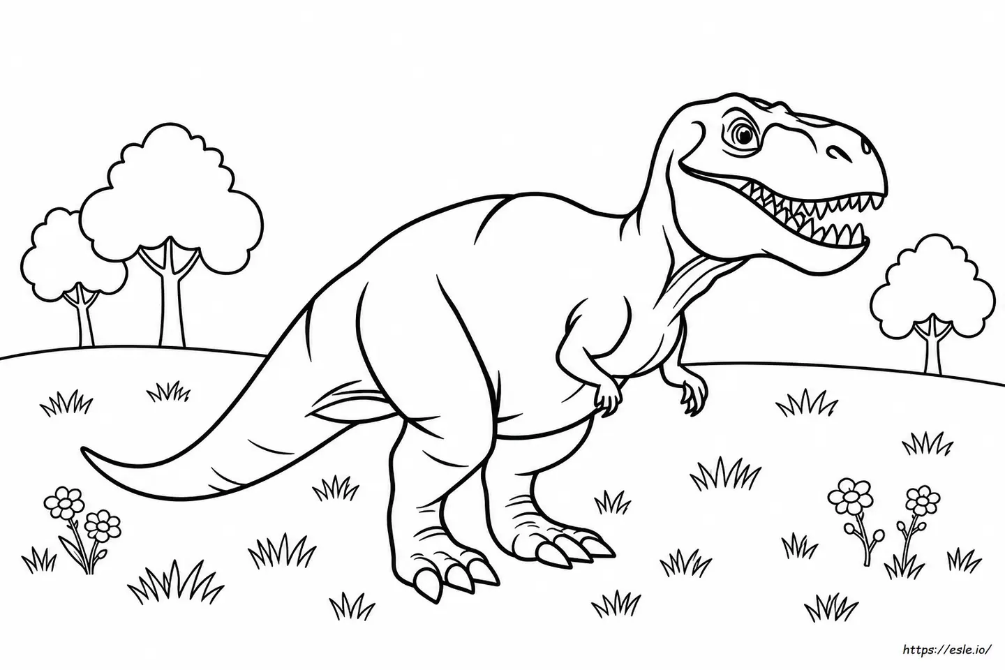T-Rex em paisagem pré-histórica preto e branco para colorir