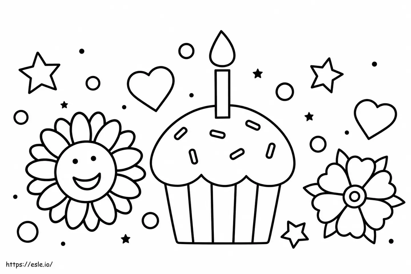 Cupcake e flores sorridentes em composição preto e branco para colorir