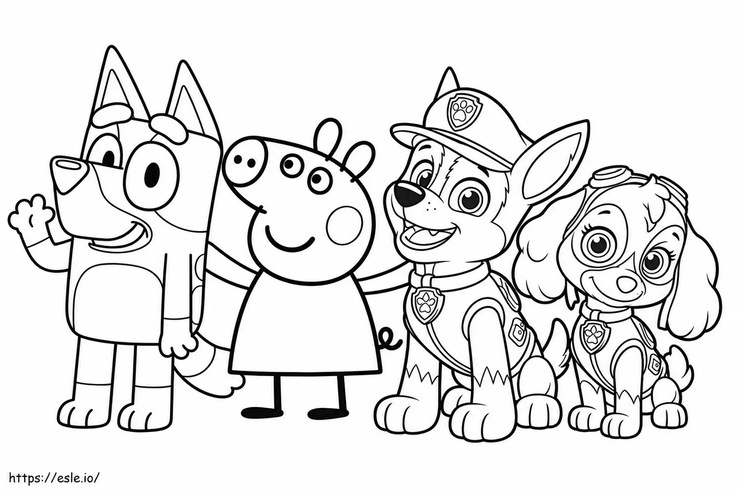 Bluey, Peppa Pig, Chase e Skye em composição preto e branco para colorir