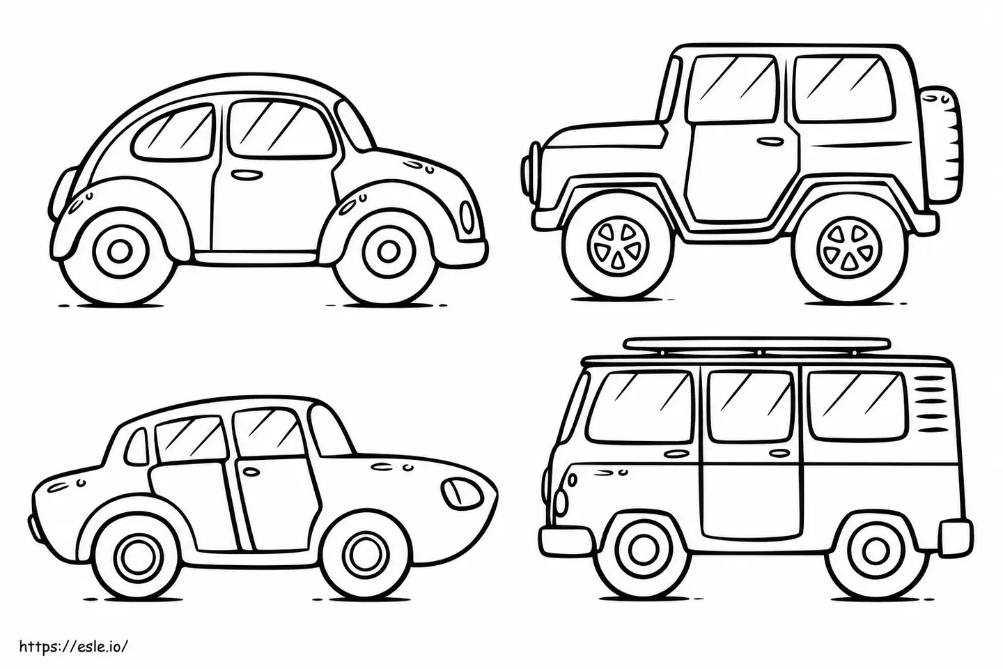 Quatro carros em contornos preto e branco para colorir